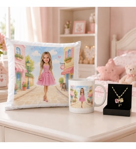 K Gift Kişiye Özel Karikatürlü Oyuncak Bebek Tasarımlı Kırlent Yastık & Beyaz Kupa & Kolye -10 Kız Çocuklarına Özel Hediye Seti