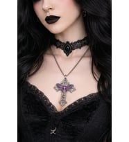Gotik Butterfly Detaylı Mor İşlemeli Haç Kolye Unisex Metal Zincir