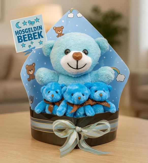 Hoşgeldin Bebek Tasarımlı Peluş Ayıcık Buketi (Model 1)
