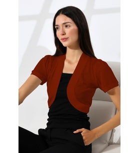 Şiir Puzi Kadın Penye Oval Etek Ajur Desenli Kısa Kollu Omuzları Büzgülü Kısa Hırka & Bolero - Bordo (Bordo)