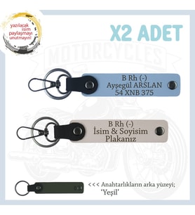Motorcu Tarzına Özel İsim Plaka ve B Rh (-) Kan Grubu Yazılı Hediyelik x2 Anahtarlık, Pudra-Mavi-Ysl (Çok Renkli)