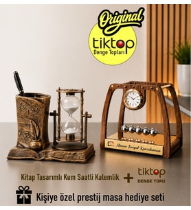 Kişiye Özel Ahşap El yapımı Masa üstü Newton Denge Topu + Kitap Tasarımlı Kum Saati Kalemlik. 2' li Hediye Seti