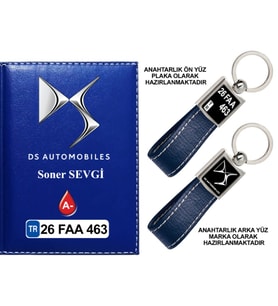 Plakanıza Özel DS Automobiles Logolu Lacivert Ruhsat Kabı ve Anahtarlık