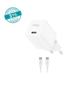 ttec SmartCharger GAN 20W PD Seyahat Hızlı Şarj Aleti + USB-C - USB-C 60W Kablo