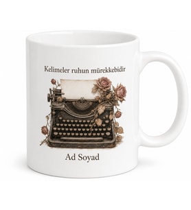 Vintage Daktilo ve Kurumuş Gül Temalı Nostaljik Şair Kupası Hediye Bardak