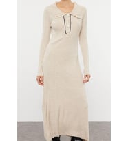Moda Stil Regular Polo Yaka Midi Boy Triko Çizgili Biye Detaylı Elbise