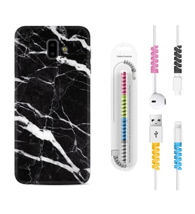 Samsung J6 Plus J7 Prime J7 Pro M20 Kılıf Kablo Koruma Spiral Silikon Siyah Şerit Mermer 1318