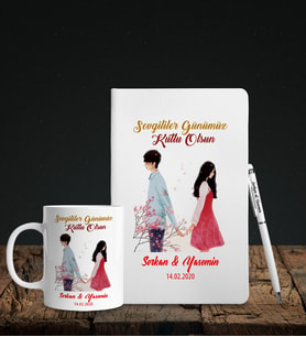 Sevgililer Gününe Özel Beyaz Deri Defter Kalem Kupa Hediye Seti 27