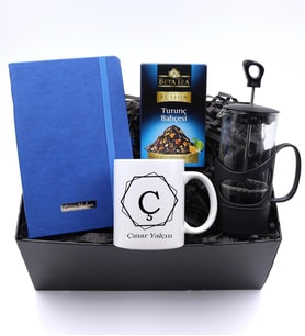 Kişiye Özel Mavi Defter & Harf Kupa & Siyah French Press & Portakal Çiçeği Bitki Çayı Hediye Seti 