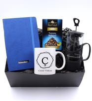 Kişiye Özel Mavi Defter & Harf Kupa & Siyah French Press & Portakal Çiçeği Bitki Çayı Hediye Seti 