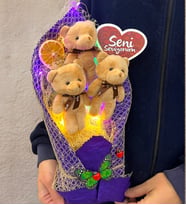 Renkli Led Işıklı Seni Seviyorum Kahve Ayıcıklı Büyük Boy Peluş Ayıcık Buketi (Model 1)