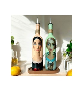 Kadın Desenli 750 ml Zeytinyağı Sıvıyağ Şişesi Yağdanlık Yağlık Sirkelik Sosluk 2'li Set (Çok Renkli)