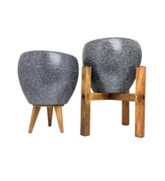 Bitki Tasarımı Gri Granit Toprak Saksı Saksılık Salon Çiçeklik İkili Set 3 Ayaklı- 4 Ayaklı- 15 CM