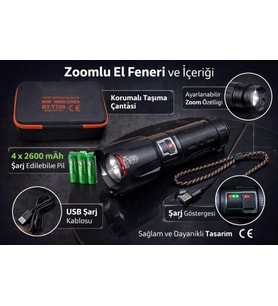 6000 Lümen 60W Şarjlı El Feneri - 2 KM Menzilli 10400 mAh Powerbank 4 Pilli Metal Fener RT-T709