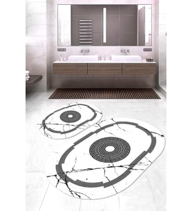 Dijital Baskılı Kaymaz Taban Yıkanabilir Oval 2'li Klozet Takımı Banyo Paspası NOKZ-SD-593 (Beyaz)
