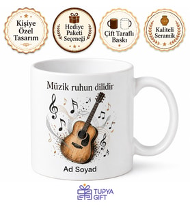 Gitar Çizimli Akustik Müzik Sevenlere Ritim Temalı Kupa Bardak Hediye