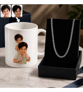 BK Gift Kişiye Özel Baba&Çocuk Karikatürlü Beyaz Kupa & Rolo Zincir Kolye -1, Babalar Günü Hediyesi