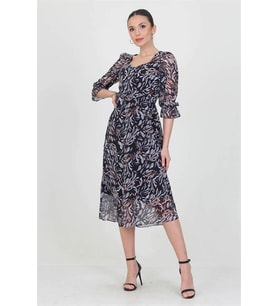 Neşeli butik kadın siyah kalp yaka yeni sezon desenli şifon elbise RY0030