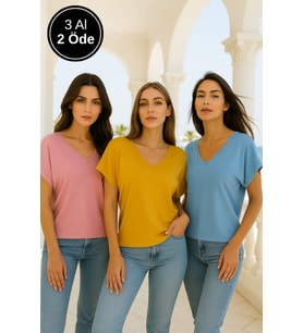 Kadın 3'lü Paket Pembe-Mavi-Hardal Viskon Ön Arka V Yakalı T-shirt Yarasa Kol Relaxed Bluz