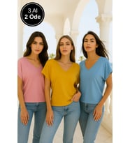 Kadın 3'lü Paket Pembe-Mavi-Hardal Viskon Ön Arka V Yakalı T-shirt Yarasa Kol Relaxed Bluz