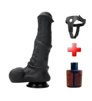 LilituShop Belden Bağlamalı 24 cm Et Dokulu Gerçekçi Çift Katmanlı Sünnetsiz Silikon Siyahi Penis
