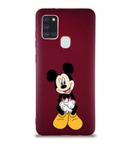 Samsung Galaxy A21S Soft Premier Kapak Mickey Mouse-A Tasarımlı Silikon Kılıf - Mürdüm (Şeffaf)