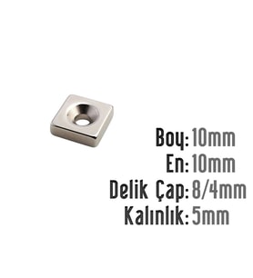 Neodyum Mıknatıs Köşeli Havşalı 10x10mm (delik 8/4mm) Kalıklık 5mm 2 Adet (Metal)