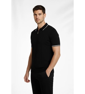Erkek Yazlık Dokuma Triko Tişört Fermuarlı Polo Yaka Kısa Kol T-Shirt - Siyah