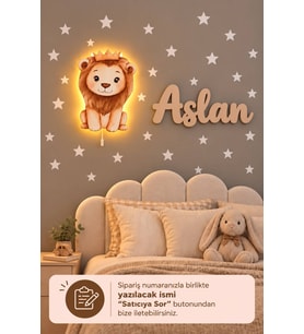 Ahşap Aslanlı Lamba & Işıksız İsimlik Seti – İsimli Bebek ve Çocuk Odası Dekoru