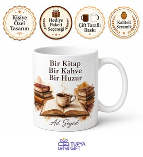Kitap Kurduna Hediye Kitap ve Kahve Tasarımlı Kupa Bardak Özel Baskılı Hediye