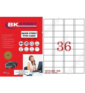 A1 Etiket Lazer Etiket tw-2036 100 A4 Sayfa Laser Etiket 45 x 30 mm Boyutunda 1 A4 Sayfada 36 Etiket