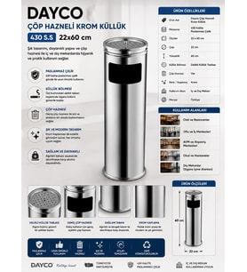 Dayco Çöp Hazneli Krom Küllük 430 S.S 22x60 cm