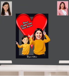 Kişiye Özel Anneler Günü Anne Kız Karikatürlü Kalpli 3D Ahşap Tablo Model-4