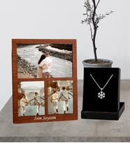 Kİşiye Özel 3 Fotoğraflı Kolaj Ahşap  Masaüstü Çerçeve Ve Gümüş Kartanesi Kolye Set