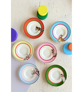 Renkli Hayvan Desenli 6'lı Porselen Çay Tabağı Takımı, 11 cm