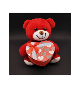 Özel Günlerde Hediye Kırmızı Kalp Kutulu Peluş Ayı 25 Cm (Kırmızı-Siyah)