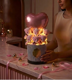 Rose Gold Kalp Balonlu Led Işıklı Sevimli Pembe Peluş Ayıcık Buketi & Özel Seri Love Hediye Kutusu, Gift Box- Sevgiliye, Arkadaşa Sürpriz Doğum Günü & Tebrik - Kutlama Hediyesi