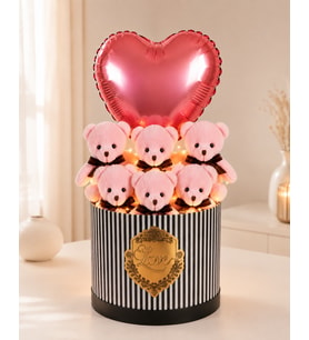 Rose Gold Kalp Balonlu Led Işıklı Sevimli Pembe Peluş Ayıcık Buketi & Özel Seri Love Hediye Kutusu, Gift Box- Sevgiliye, Arkadaşa Sürpriz Doğum Günü & Tebrik - Kutlama Hediyesi