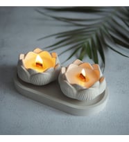 2 Adet Soya Mum Beton Ahşap Fitilli Lotus Çiçek Tabak Seti Kokulu Mum Hediyelik Dekoratif (Beyaz)