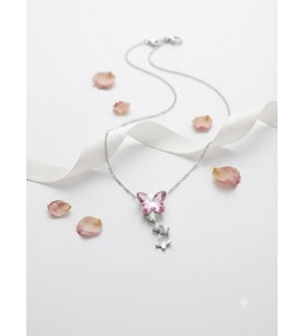 925 Ayar Gümüş Papatya Silver Rodyum Kaplama Tasarım Pembe Taşlı Kelebek Kolye