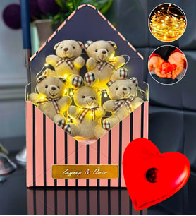Kişiye Özel İsime Özel Premium Led Işıklı Peluş Ayıcık Buketi & Kalp Jel Isıtıcı Sevgiliye Hediye