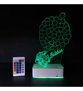 Kişiye Özel Uçan Ev ve Balonlar  3D 16 Renk Dekoratif Led Lamba