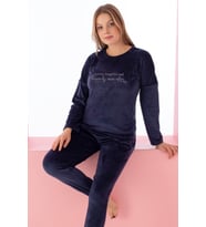 Luxury Velvet Fransız Kadife Yazı Detaylı Pijama Takımı (Lacivert)