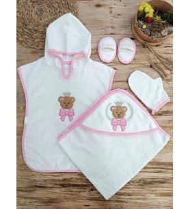 Mulvxbby Bby02 Bear Nakışlı Pareolu 4Lü Kız Bebek Havlu Silgi Takımı Pembe (Mulvix)