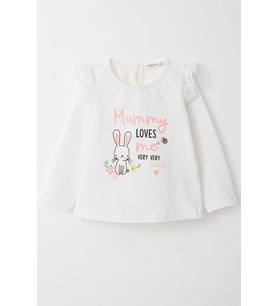 Breeze Kız Bebek Uzun Kollu Tişört Anne Sevgisi Temalı Tavşancık Baskılı Güpürlü 9 Ay-3 Yaş, Ekru