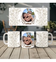 Kişiye Özel Çiçek Motifli Çerçeve Fotoğraf Baskılı Kupa Bardak, Anneye Eşe Sevgiliye Hediye, 330ml, Beyaz (Doğal Beyaz)