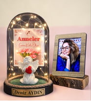 Anneler Günü Hediyesi Kişiye Özel Led Işıklı Fanus ve Ahşap Fotoğraf Çerçevesi