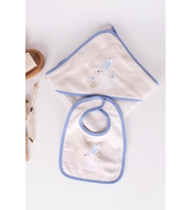 Tavşan Nakışlı Banyo Havlusu/Kundağı & Önlük Seti (Mavi)