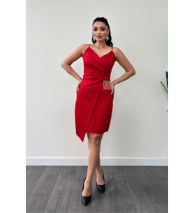 Saten Kumaş Boncuk Detaylı Elbise - KIRMIZI