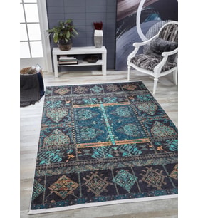 Mavi Halı Salon Halısı Eskitme Vintage Stil Dijital Baskı Yumuşak Yüzeyli Dekoratif Ürün